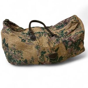 Vintage Tapestry Floral Duffel Bag with Leather Handles